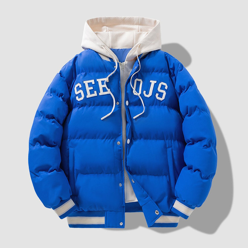 Men's Letter Hooded Cotton Coat Warm Solid Zipper