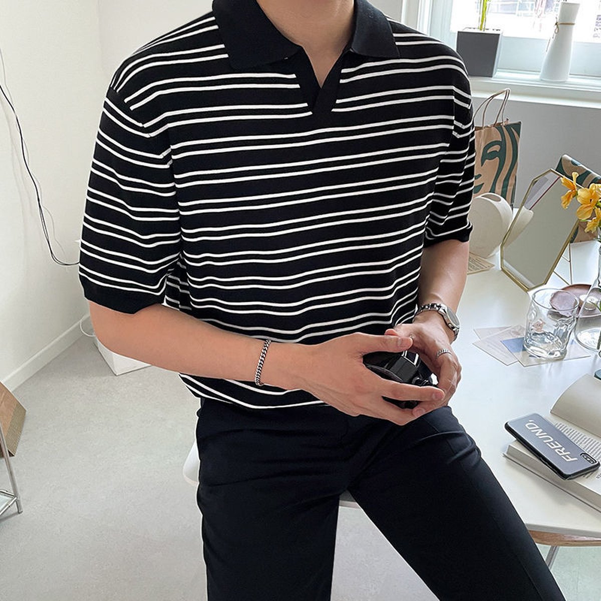 Men's Loose Striped Polo Shirt
