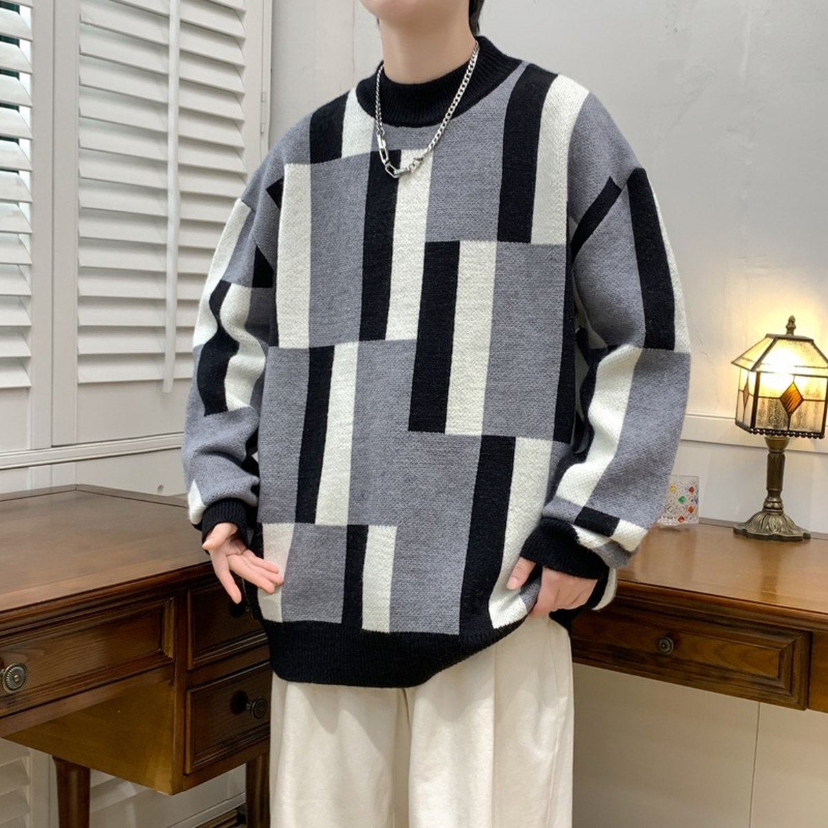 Men's Mock-neck Stripes Sweater