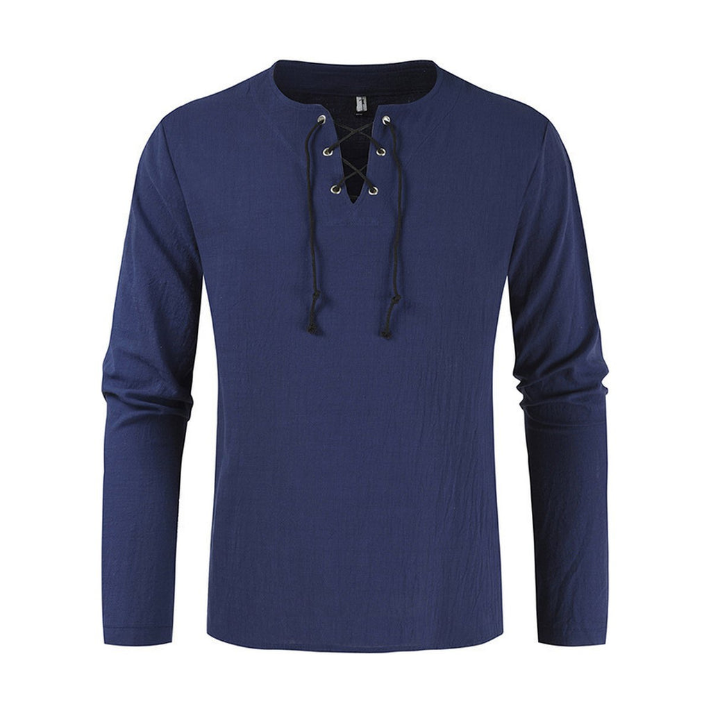 Men's Plain Cotton Linen Lace-up Shirt