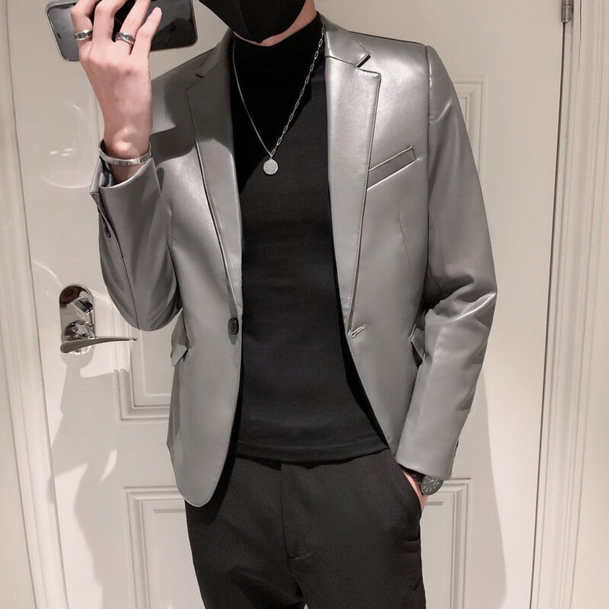 Men's Polo Collar Solid Color Leather Jacket Slim