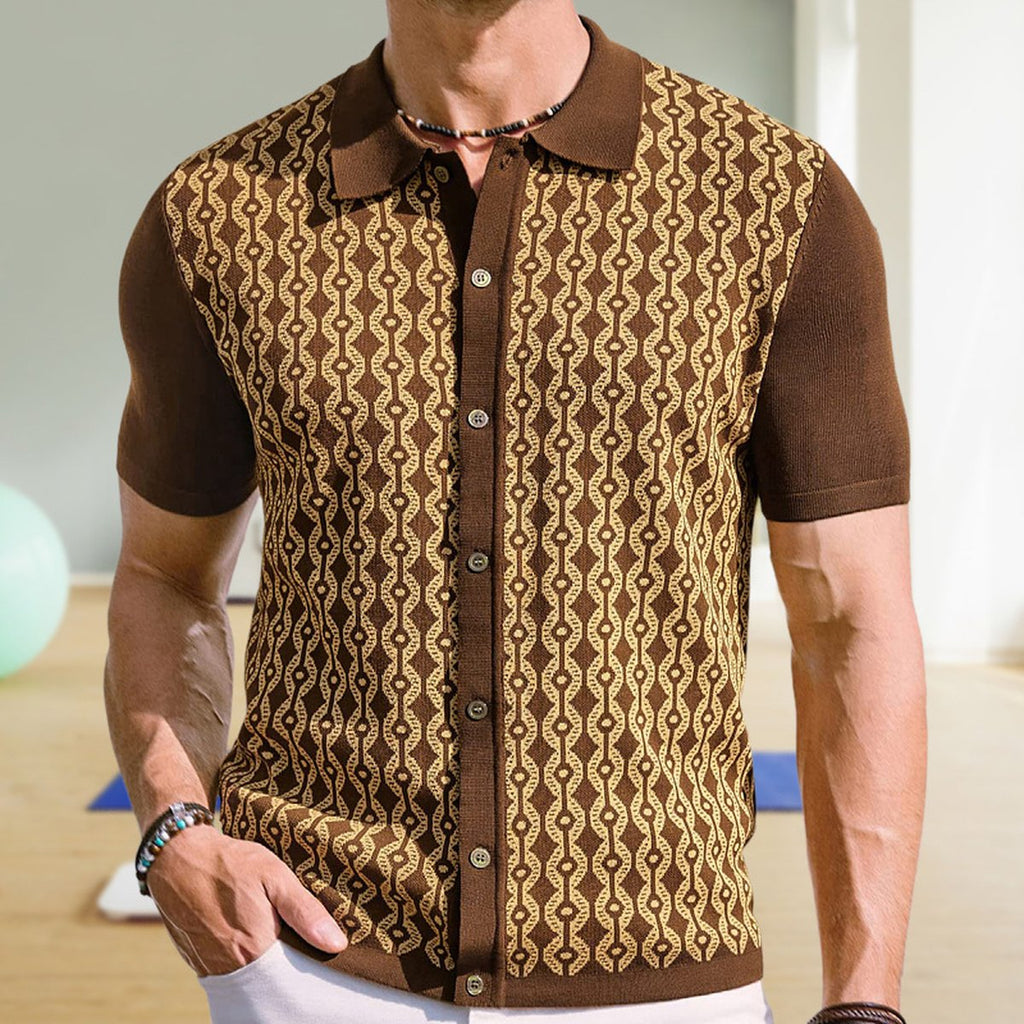 Men's Tencel Short-sleeved Sweater Lapel Jacquard Cardigan