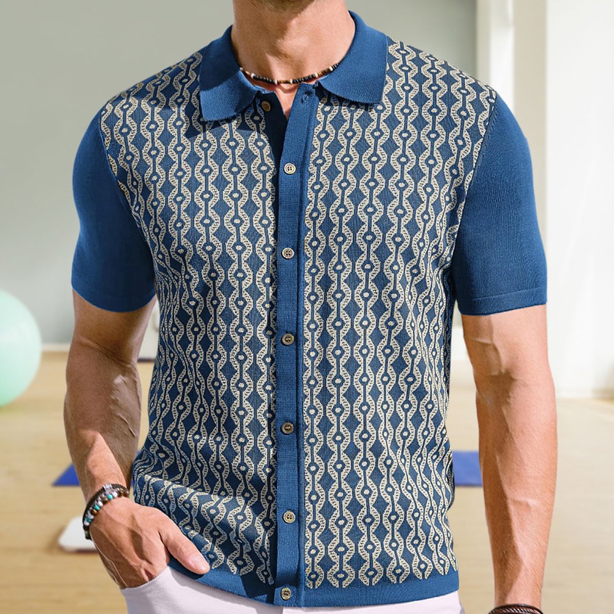 Men's Tencel Short-sleeved Sweater Lapel Jacquard Cardigan