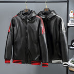 Men's Three Bars Hooded Leather Coat