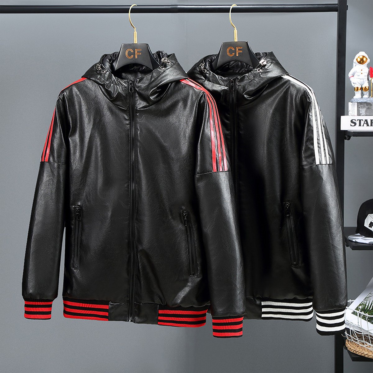 Men's Three Bars Hooded Leather Coat