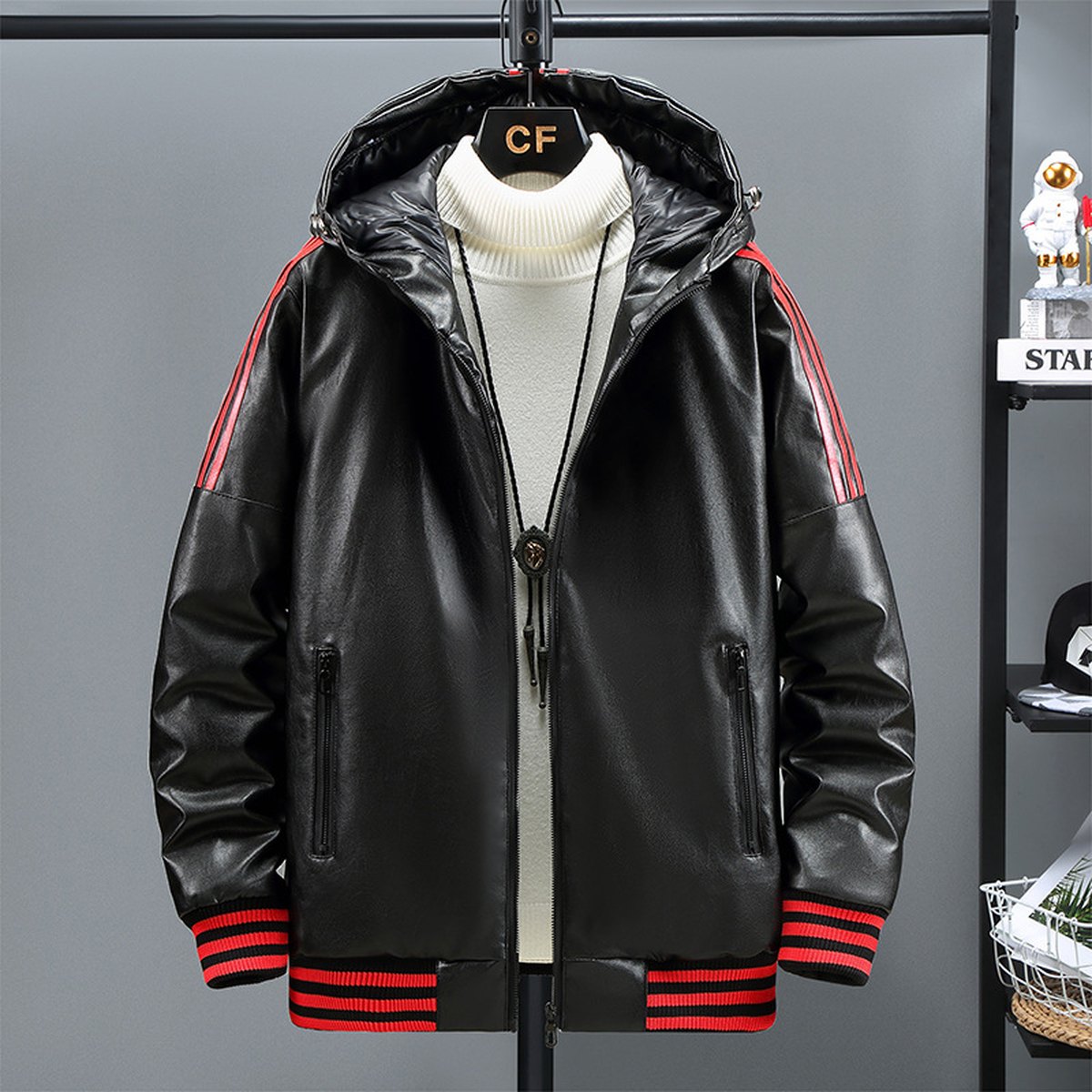 Men's Three Bars Hooded Leather Coat