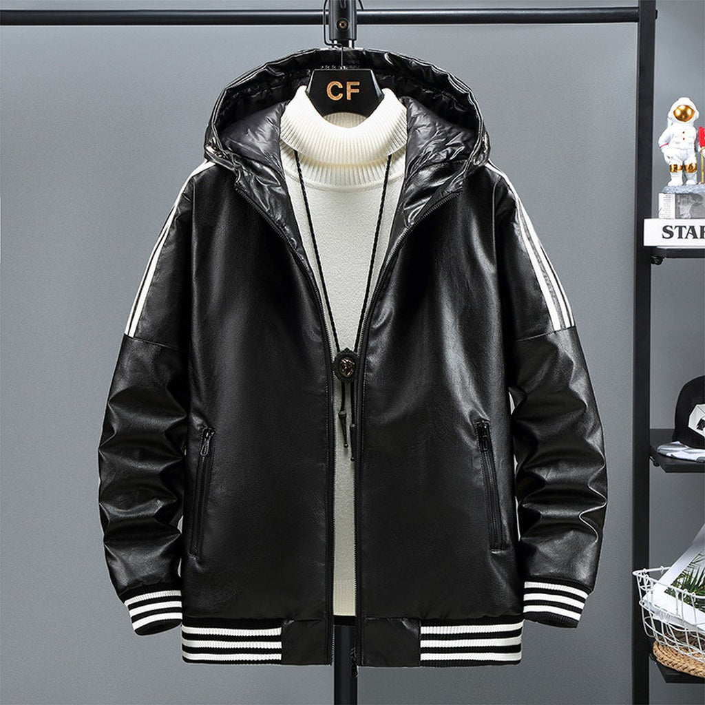 Men's Three Bars Hooded Leather Coat