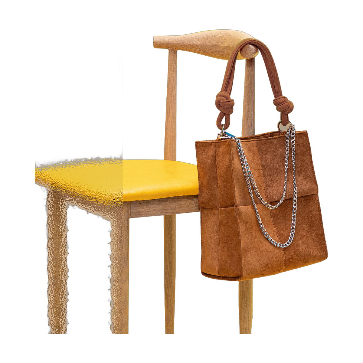 Paneled Check Suede Tote Knot Underarm Bag