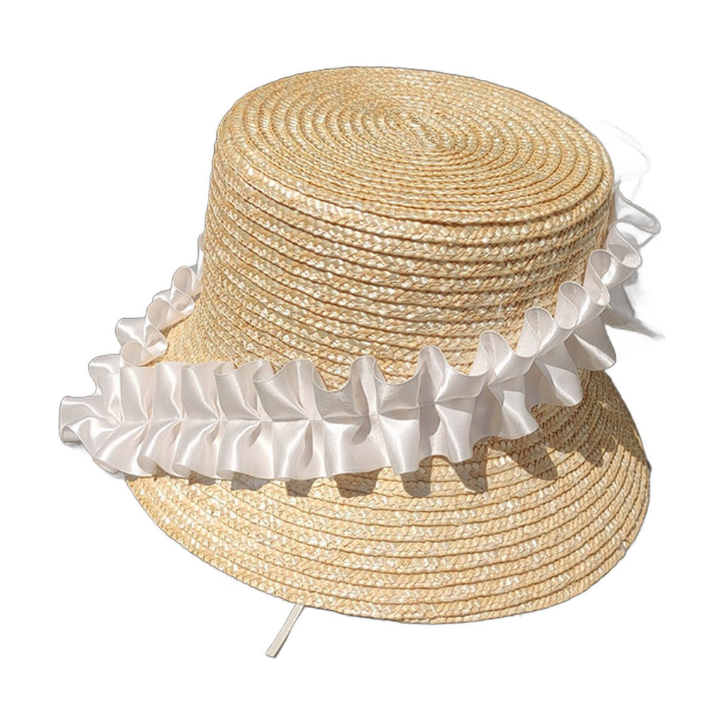 Pleated Lace Straw Bucket Hat