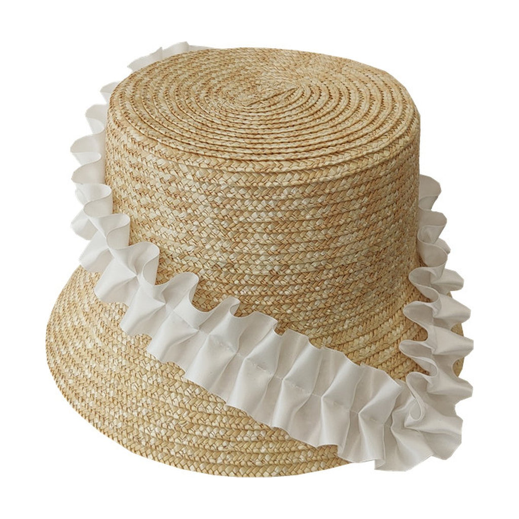 Pleated Lace Straw Bucket Hat