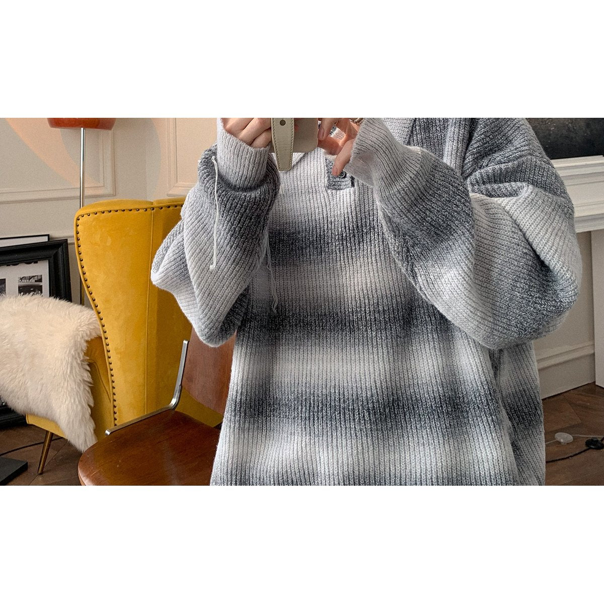 Men's Salt Color Striped Turtleneck Sweater