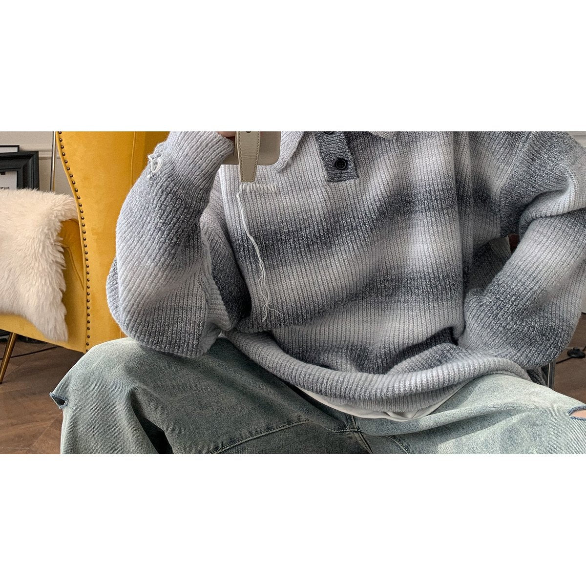 Men's Salt Color Striped Turtleneck Sweater