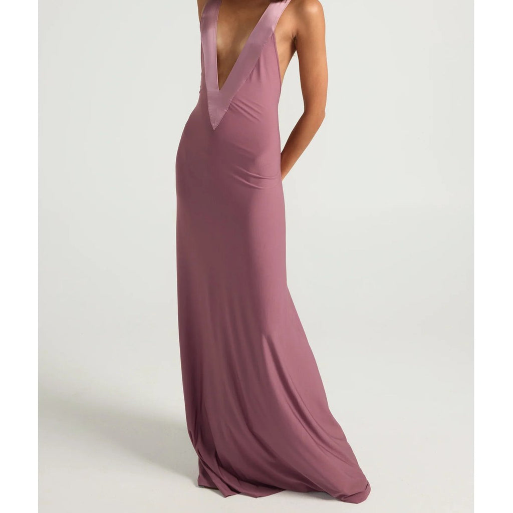 Women's Backless V-neck Satin Maxi Dress