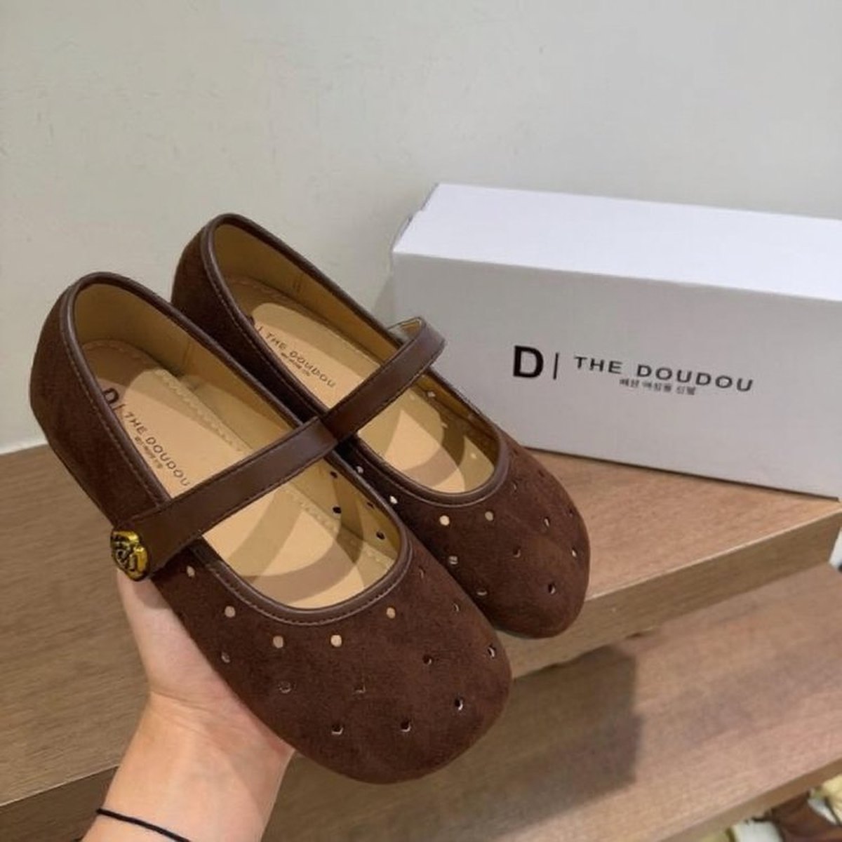 Women's Brown Suede Cutout Mary Jane Flats Breathable