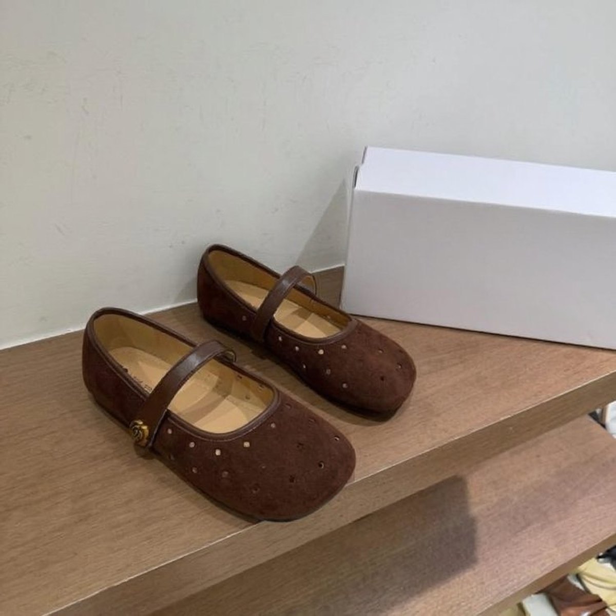 Women's Brown Suede Cutout Mary Jane Flats Breathable