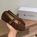 Women's Brown Suede Cutout Mary Jane Flats Breathable
