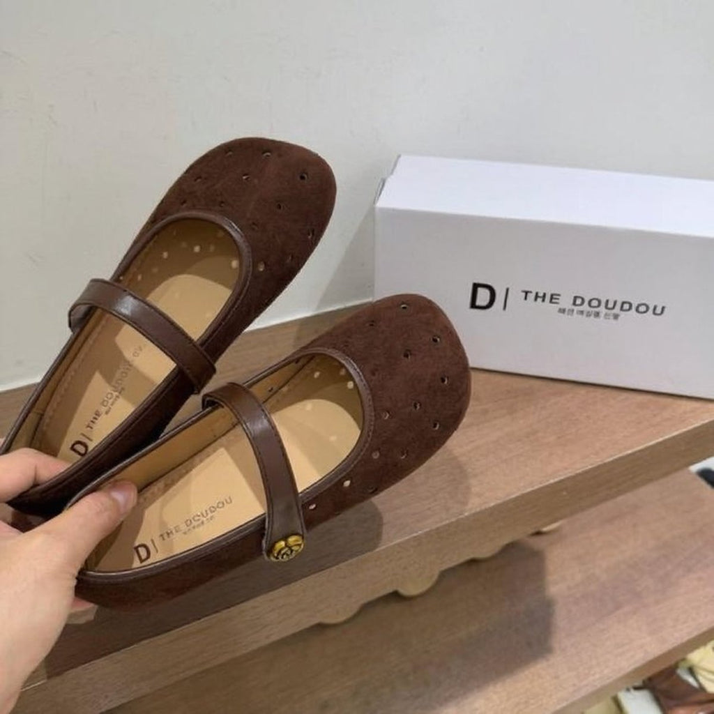 Women's Brown Suede Cutout Mary Jane Flats Breathable