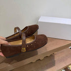 Women's Brown Suede Cutout Mary Jane Flats Breathable