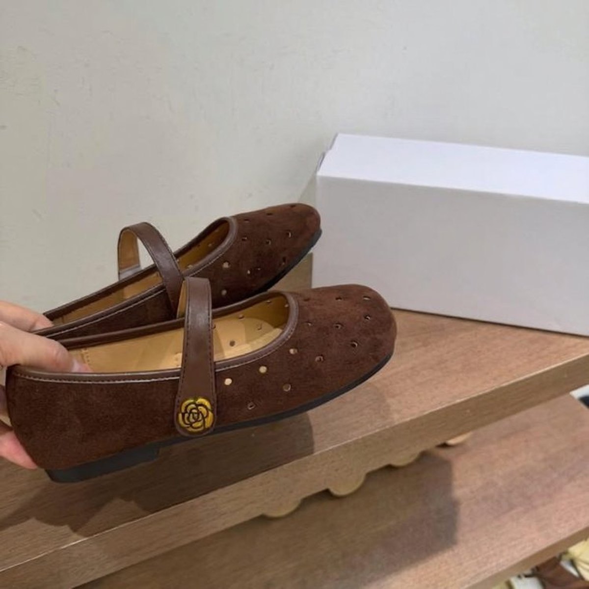Women's Brown Suede Cutout Mary Jane Flats Breathable