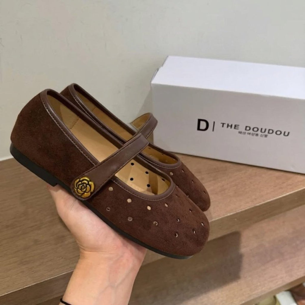 Women's Brown Suede Cutout Mary Jane Flats Breathable