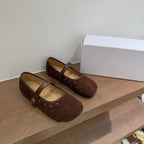 Women's Brown Suede Cutout Mary Jane Flats Breathable