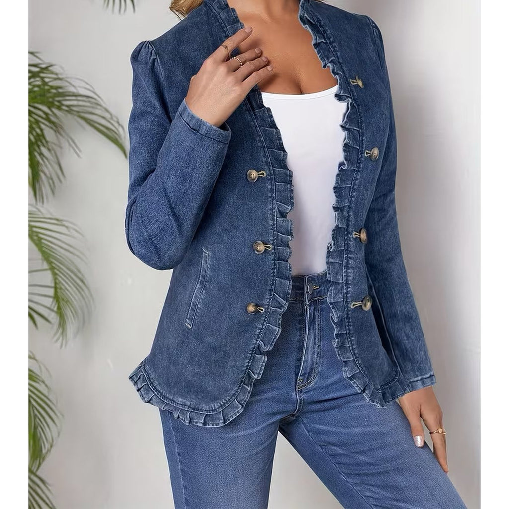 Women's Cinched-waist Ruffled Denim Jacket