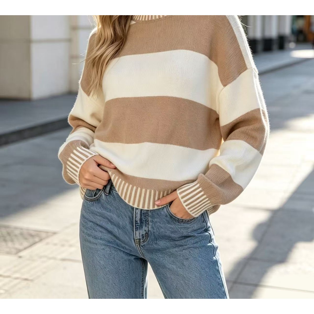 Women's Color-block Striped Pullover Knit Top