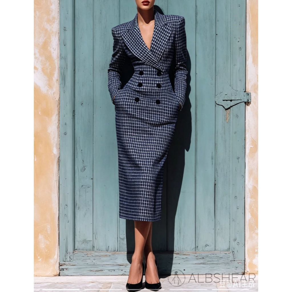 Women's Notched Lapel Double Breasted Plaid Midi Dress