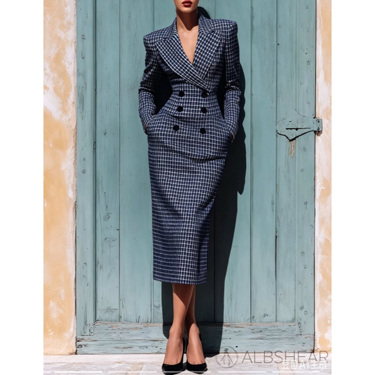 Women's Notched Lapel Double Breasted Plaid Midi Dress