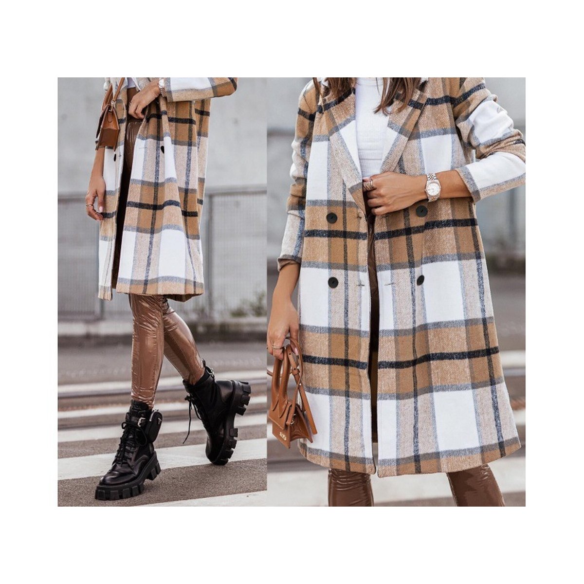 Women's Printed Mid-length Plaid Wool Coat