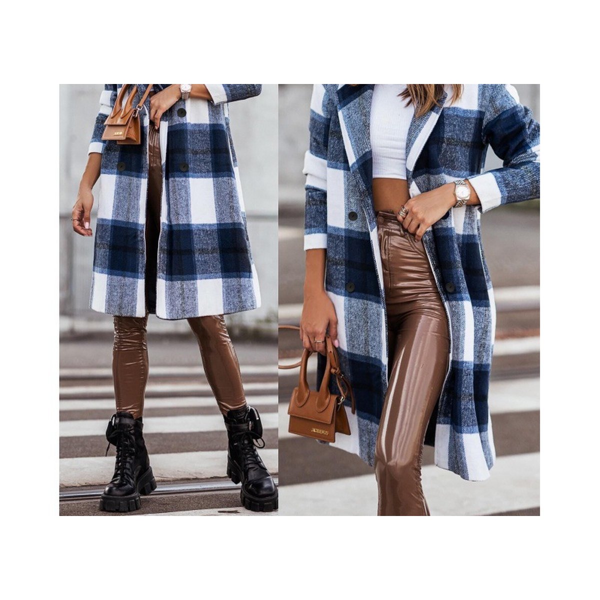 Women's Printed Mid-length Plaid Wool Coat