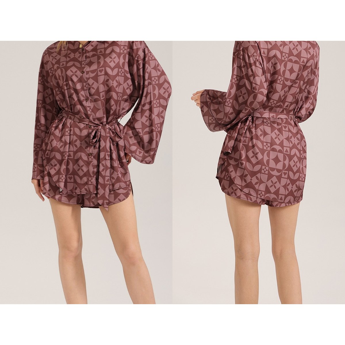 Women's Retro- Satin Long-sleeve Shorts Set Geometric-print Pajamas