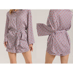 Women's Retro- Satin Long-sleeve Shorts Set Geometric-print Pajamas
