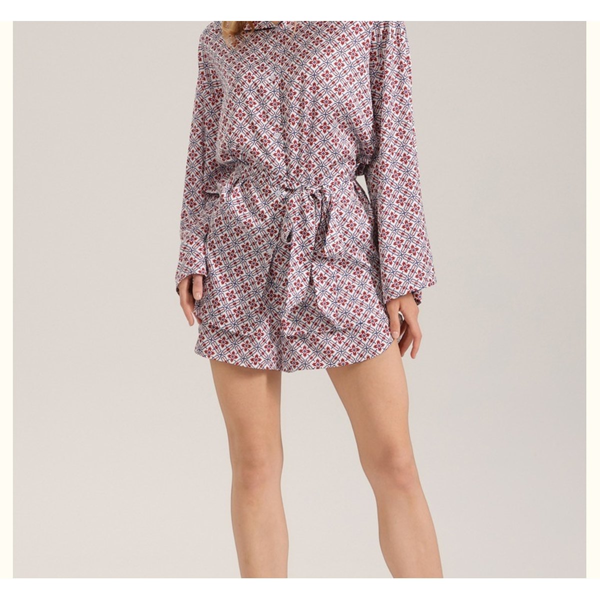 Women's Retro- Satin Long-sleeve Shorts Set Geometric-print Pajamas
