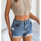 Women's S Hollow Out Cropped Knit Vacation Top