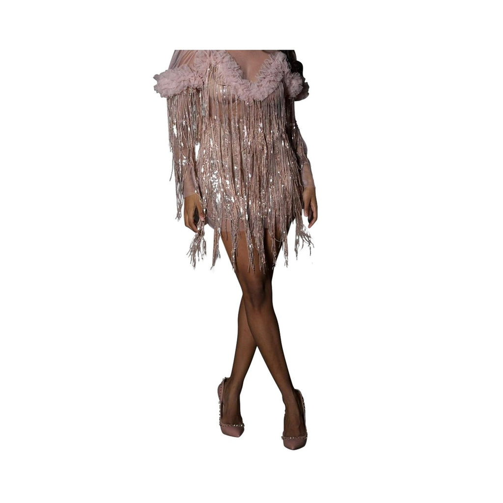 Women's Sequined Tassel Evening Dress Short Sleeve