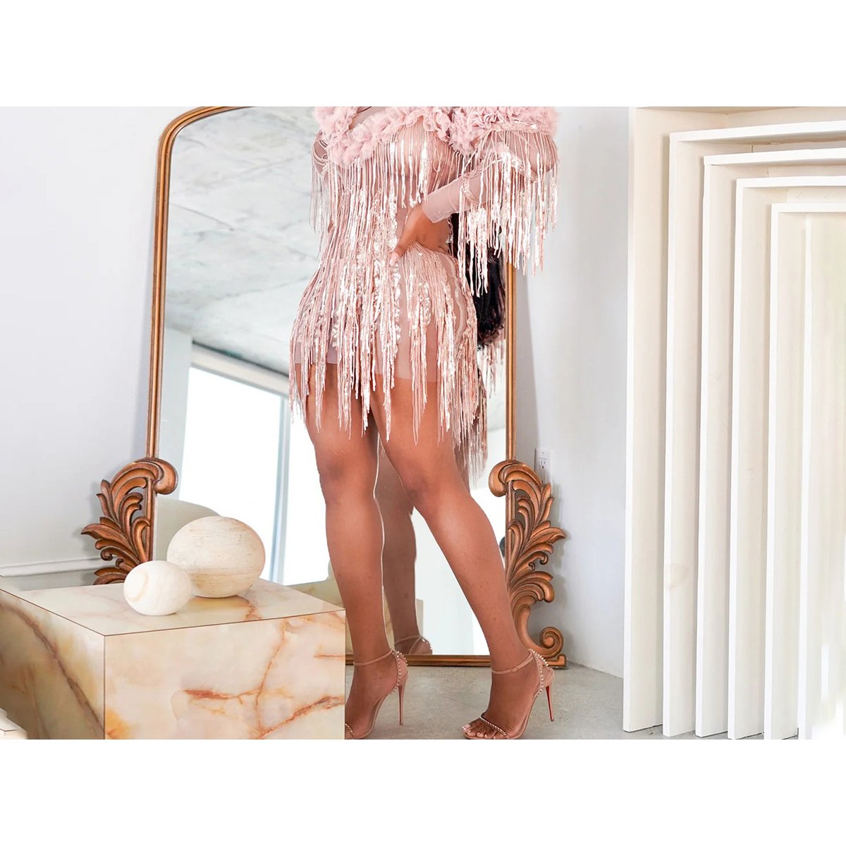 Women's Sequined Tassel Evening Dress Short Sleeve