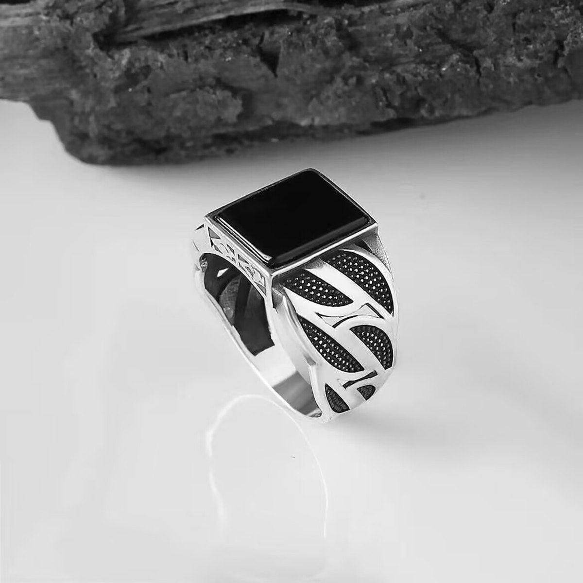 Ring Square Zircon Black Striped Band Finger