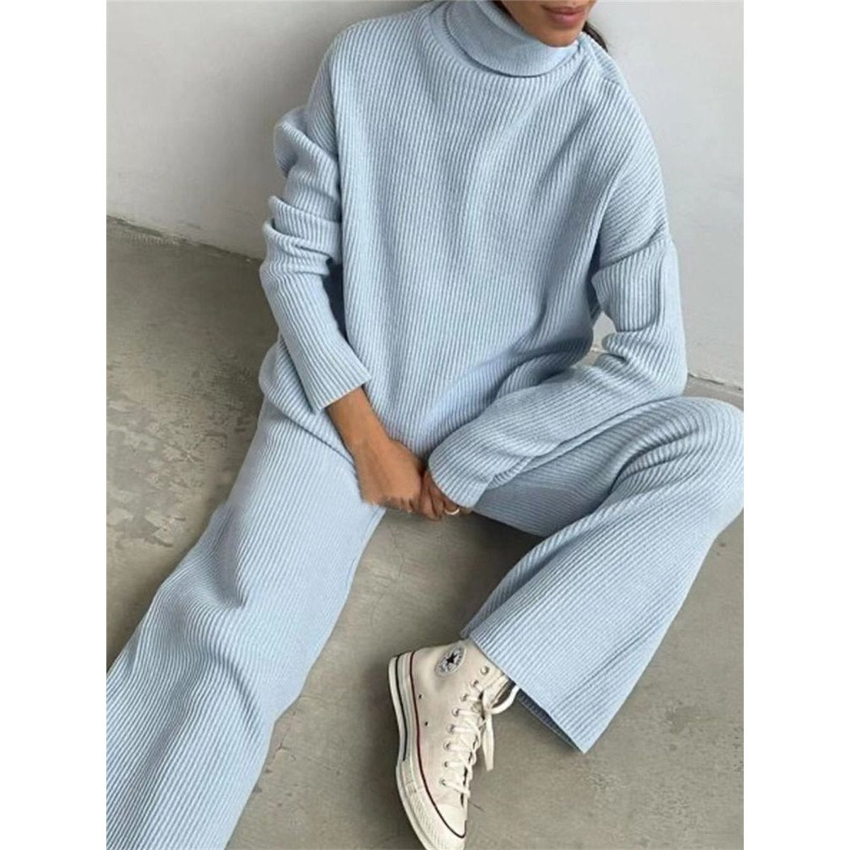 Women's 2 Pieces Sets Knitted Tracksuit Turtleneck Sweater