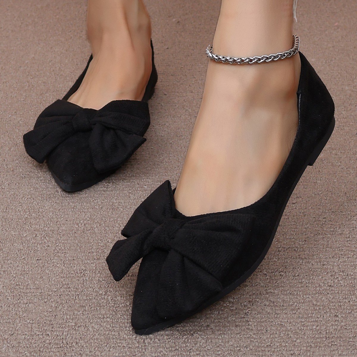 Women's Big Bow Flat Shoes Pointed-toe Low-heeled Casual