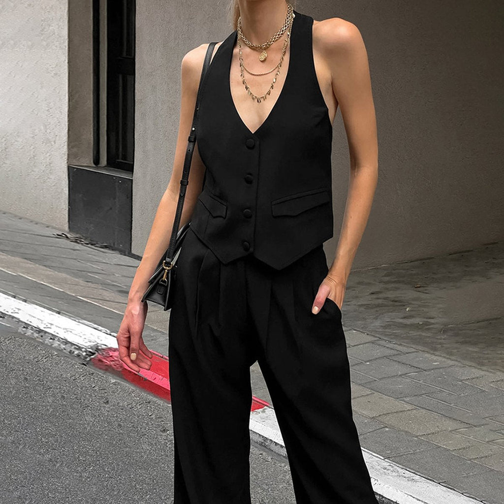 Women's Black Halter Two-piece Vest Set