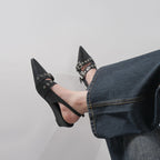 Women's Black Punk Double Buckle Eyelet Pointed Toe