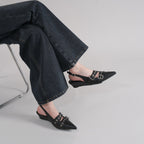 Women's Black Punk Double Buckle Eyelet Pointed Toe