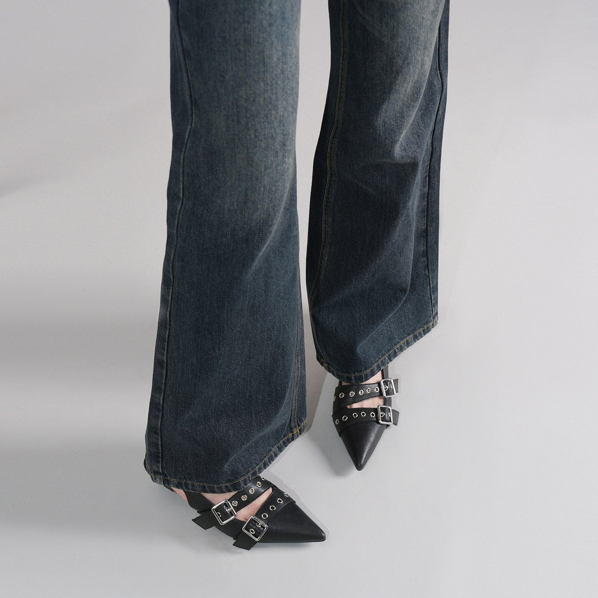 Women's Black Punk Double Buckle Eyelet Pointed Toe