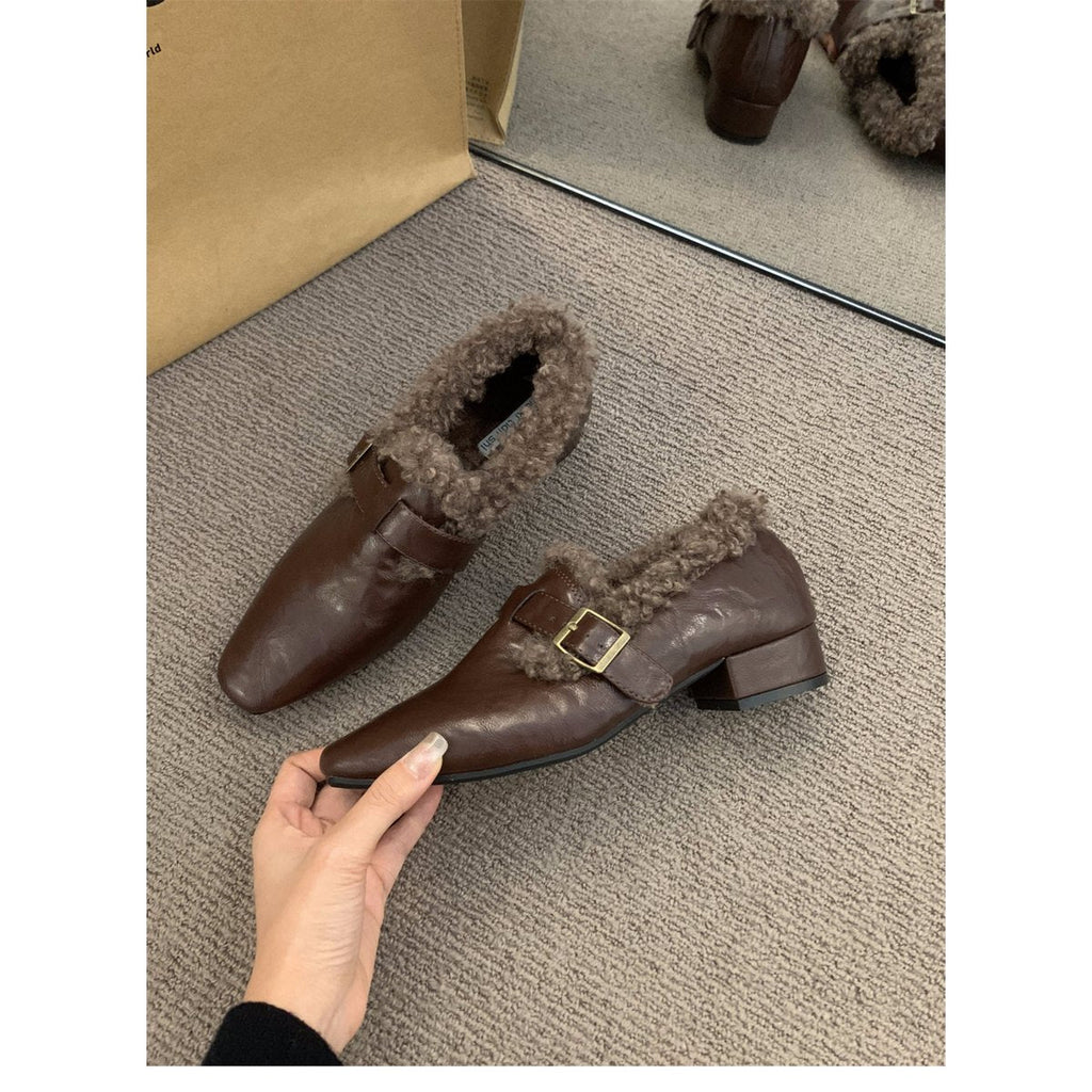 Women's Block Heel Mary Jane Shoes Fleece Lined