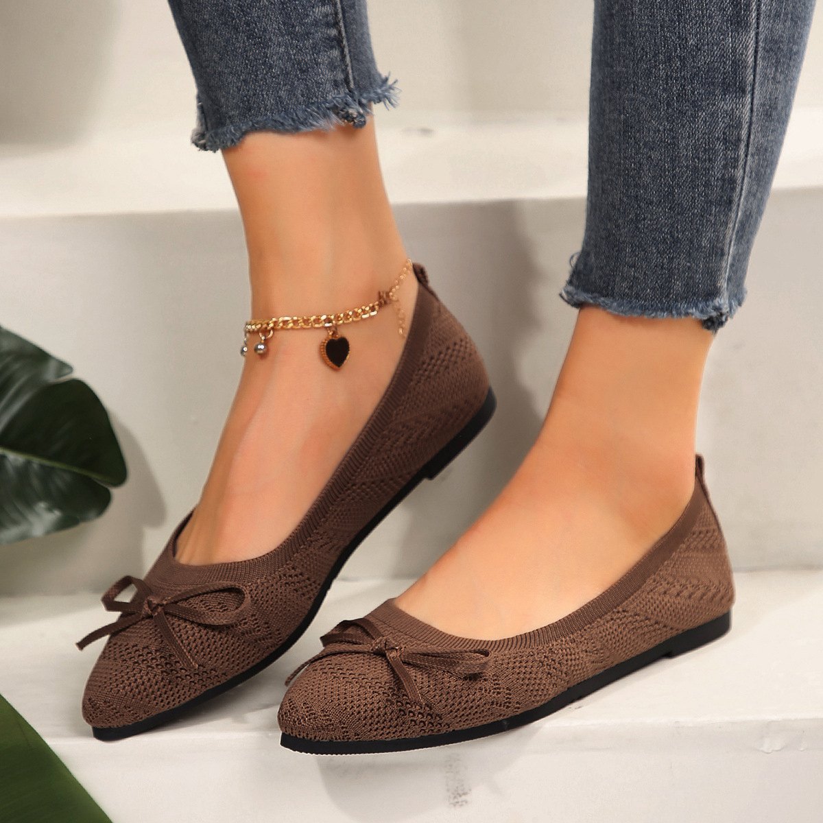 Women's Bow Knitted Loafers Pointed-toed Flats Shoes
