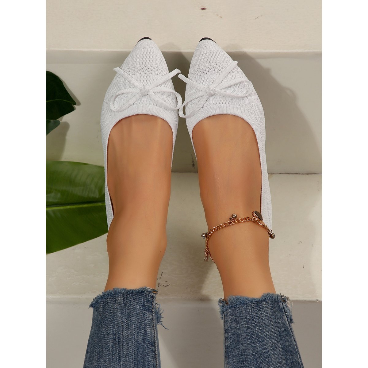 Women's Bow Knitted Loafers Pointed-toed Flats Shoes