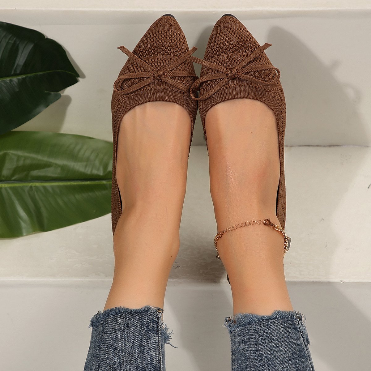 Women's Bow Knitted Loafers Pointed-toed Flats Shoes