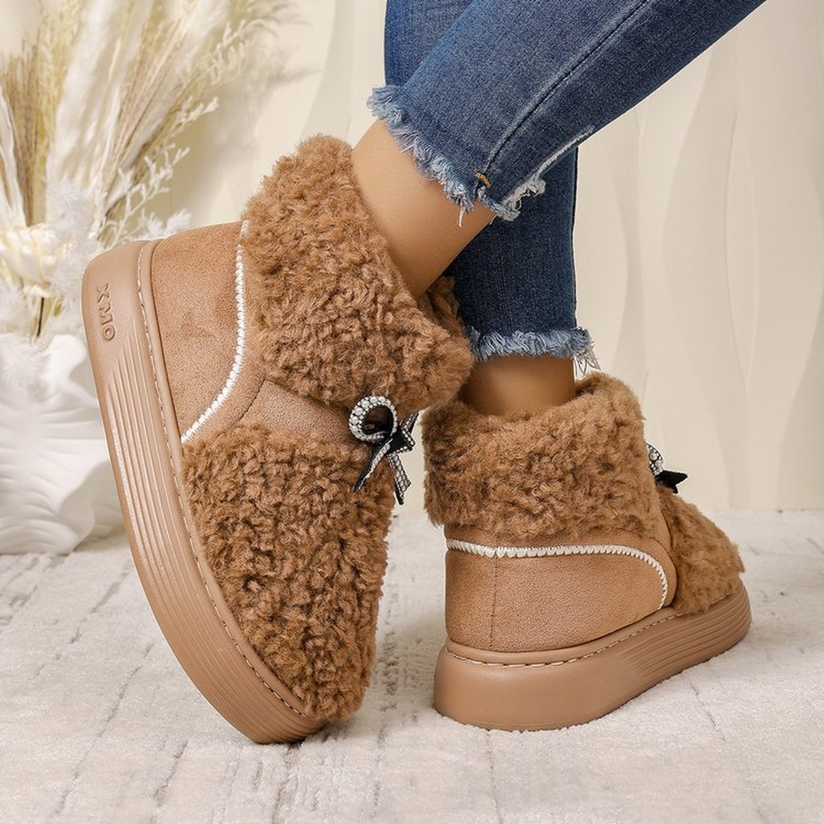 Women's Bow Platform Cotton Slippers Outdoor Heightincreasing Fleecelined