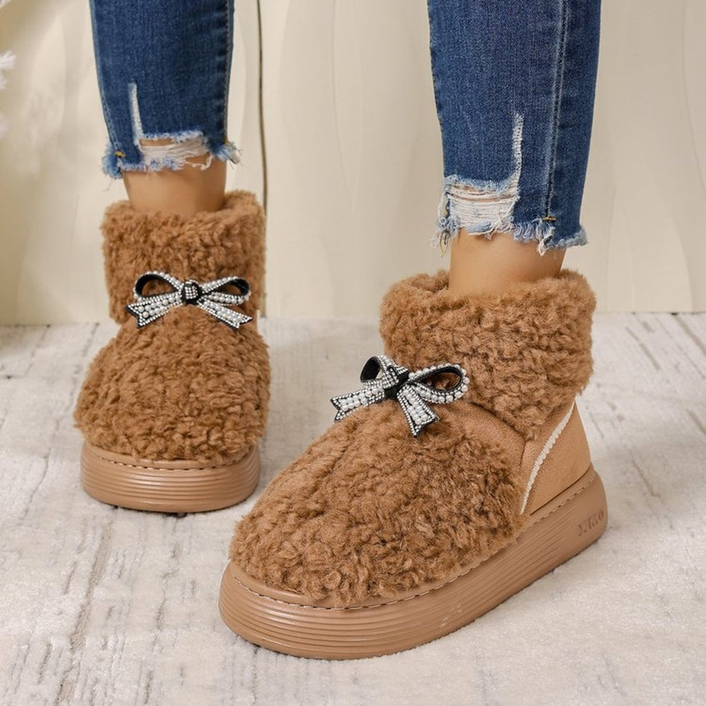 Women's Bow Platform Cotton Slippers Outdoor Heightincreasing Fleecelined